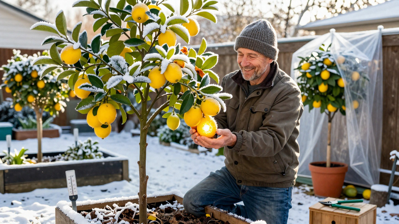 Homem sorridente recolhe limões maduros de árvore com geada num jardim com neve.