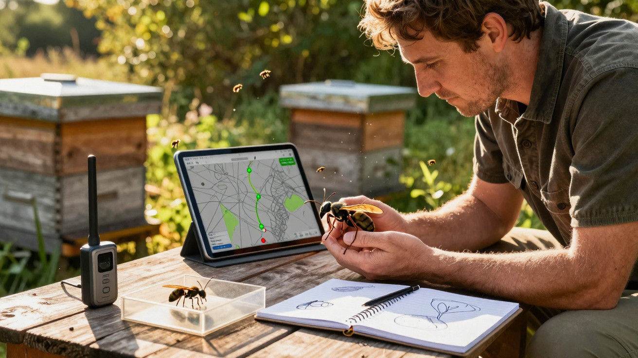 Homem analisa abelha na mão com desenho de insetos e tablet com mapa, junto a colmeias ao ar livre.