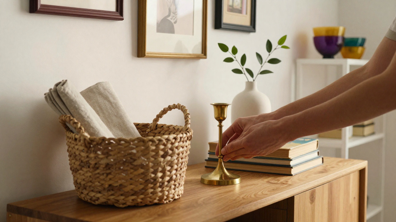 Mãos femininas a colocar castiçal dourado numa cómoda de madeira com cesto, livros e vaso decorativo.