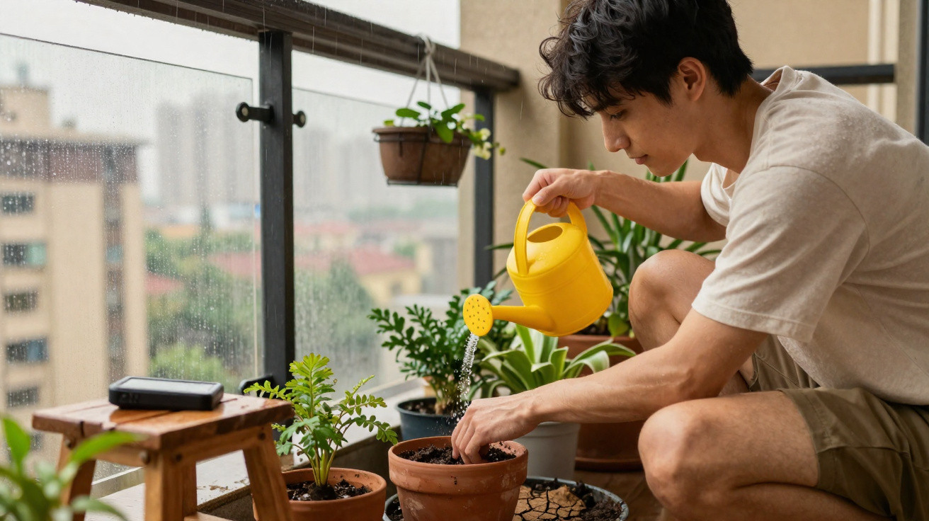 Homem regando plantas num vaso num terraço com vista para edifícios urbanos em dias de chuva.
