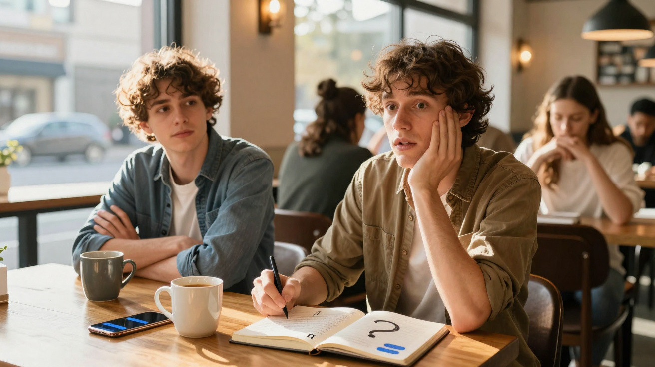Dois jovens sentados numa mesa de café, um deles parece pensativo e tem um caderno aberto com um ponto de interrogação.