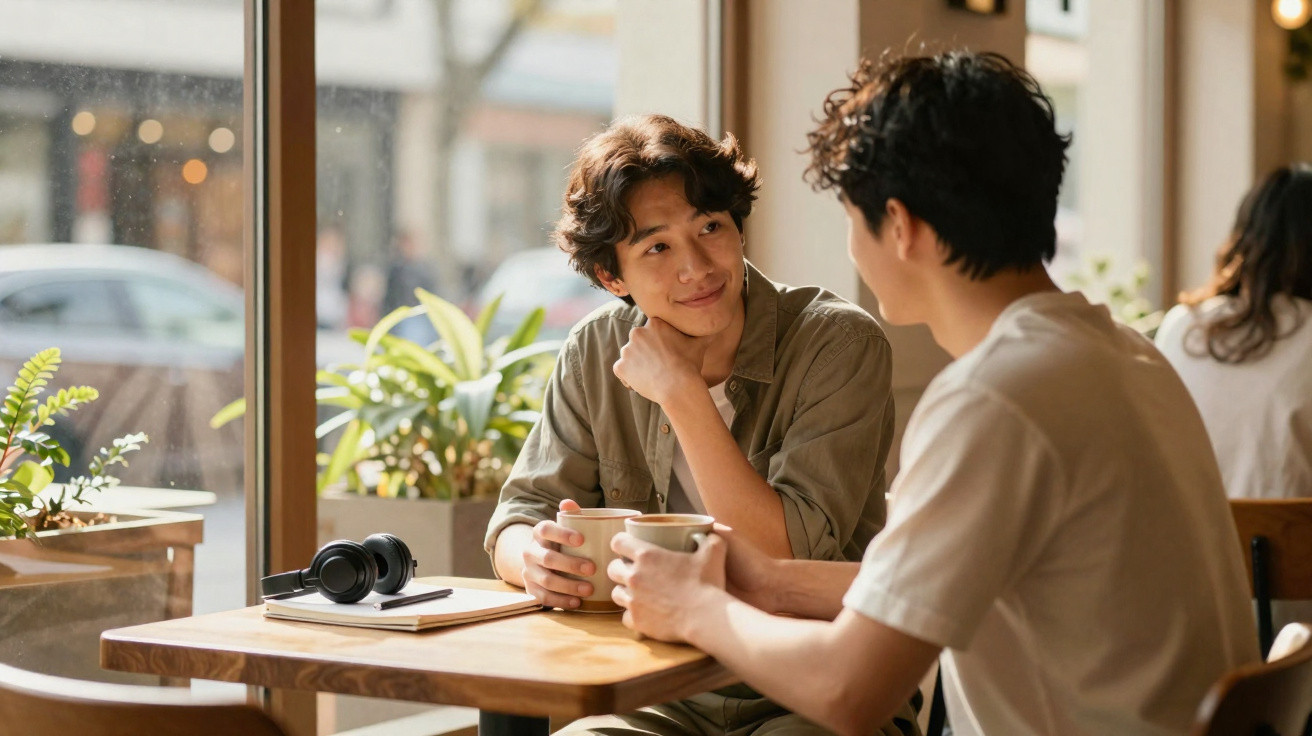 Dois jovens sentados numa mesa de café, a conversar e beber chá junto a uma janela com plantas.