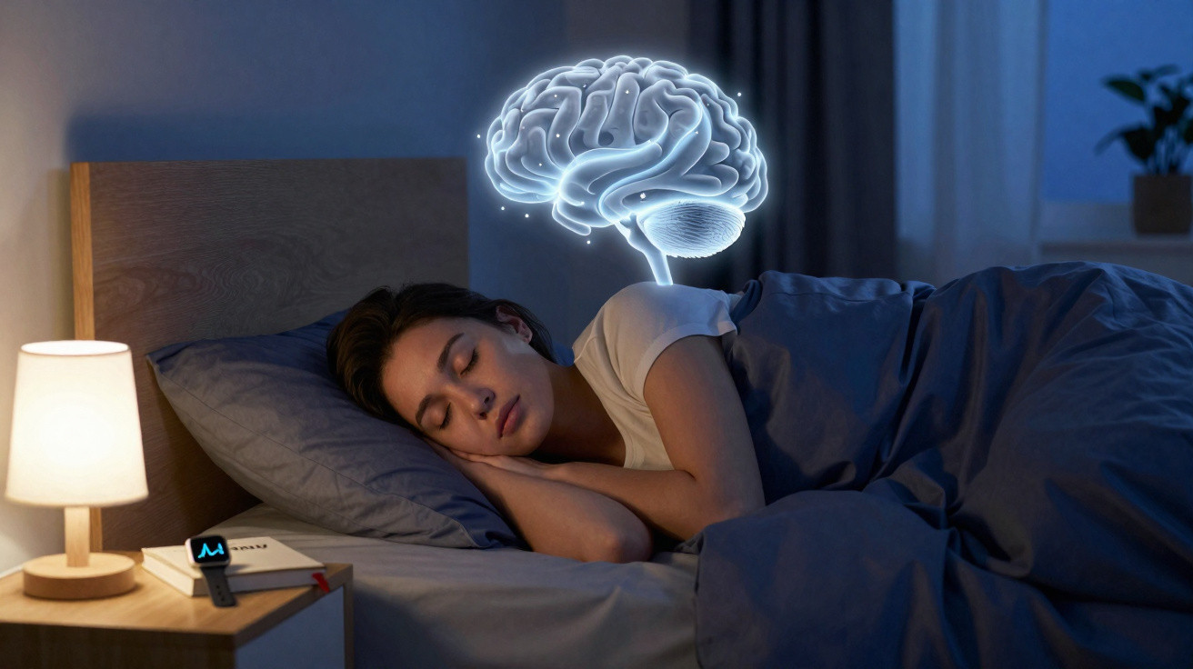 Mulher a dormir numa cama com uma ilustração luminosa de cérebro acima da cabeça no quarto escuro.