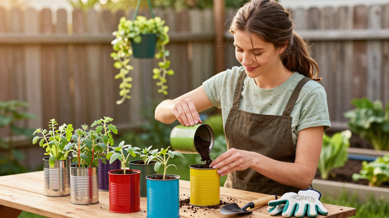 Mulher a plantar em latas coloridas numa mesa ao ar livre num jardim durante o dia.