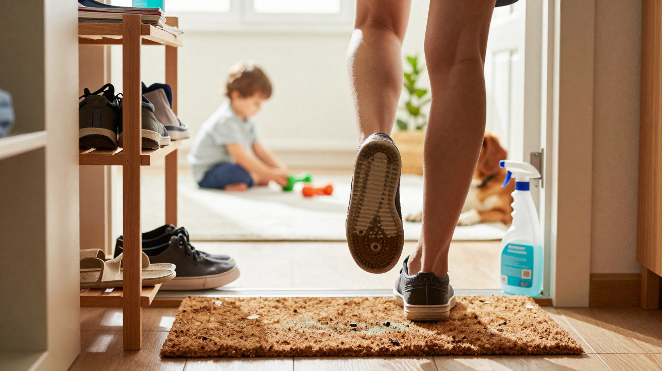 Pessoa a entrar em casa, criança a brincar no chão ao fundo, tapete e estante com sapatos na entrada.