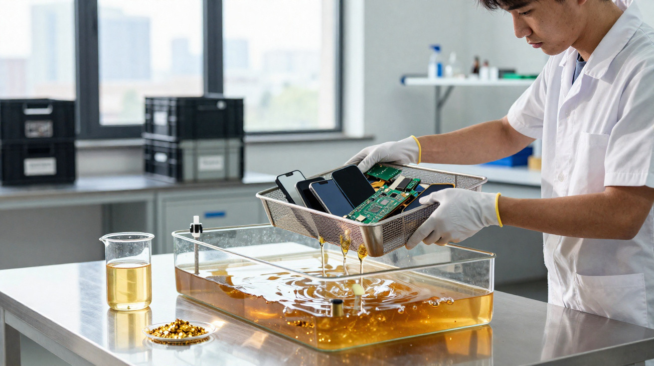 Pessoa a retirar componentes eletrónicos de líquido amarelo num laboratório.