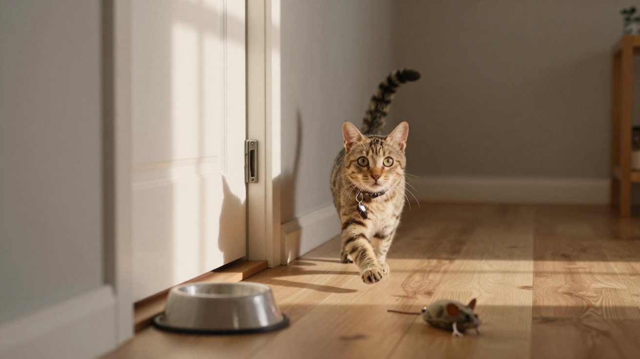 Gato tigrado a andar numa casa com comedouro vazio e brinquedo rato no chão de madeira.