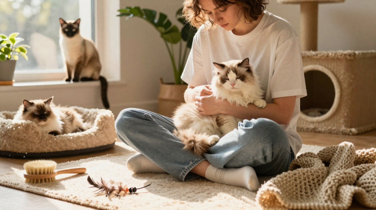 Pessoa sentada no chão a acariciar gato branco, com outros dois gatos no ambiente aconchegante e ensolarado.