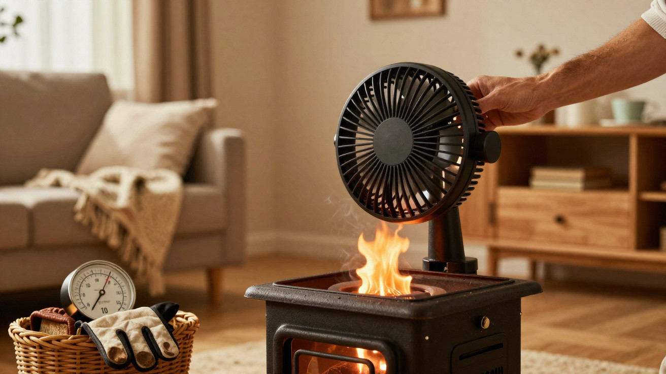 Pessoa a usar ventilador para afastar fogo numa salamandra num ambiente doméstico acolhedor.