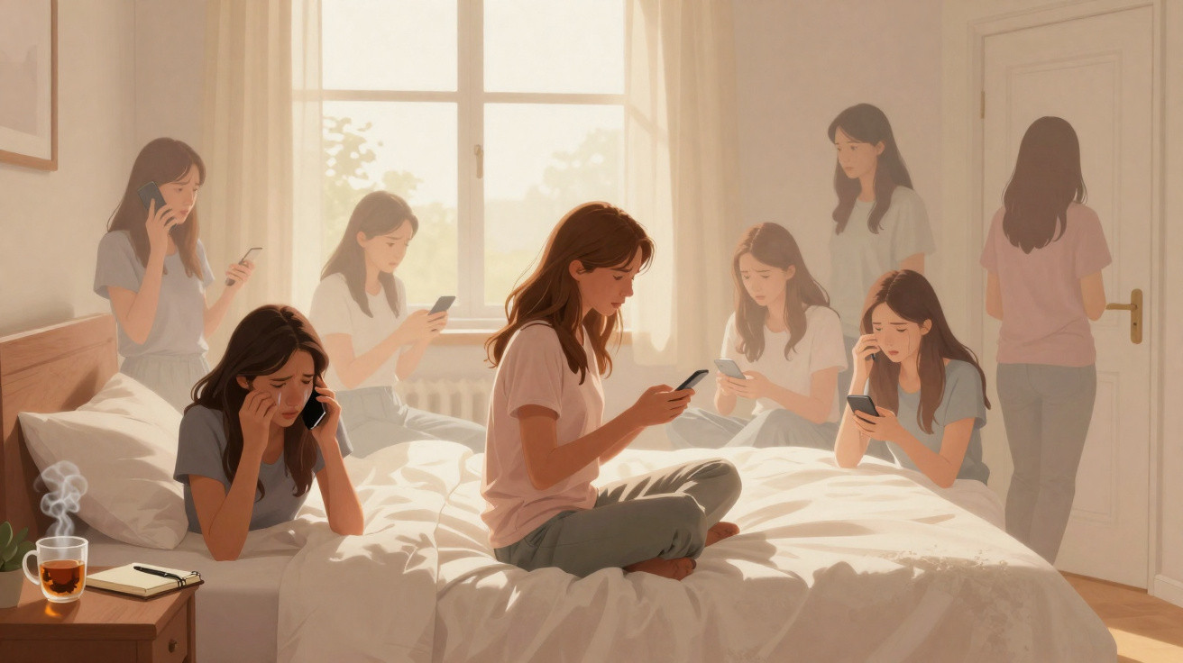 Mulher múltipla num quarto sob luz suave, cada uma com telemóvel, expressando várias emoções.