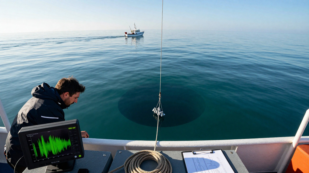 Homem a bordo de barco observa equipamento de monitorização sísmica no mar calmo, com outro barco ao fundo.