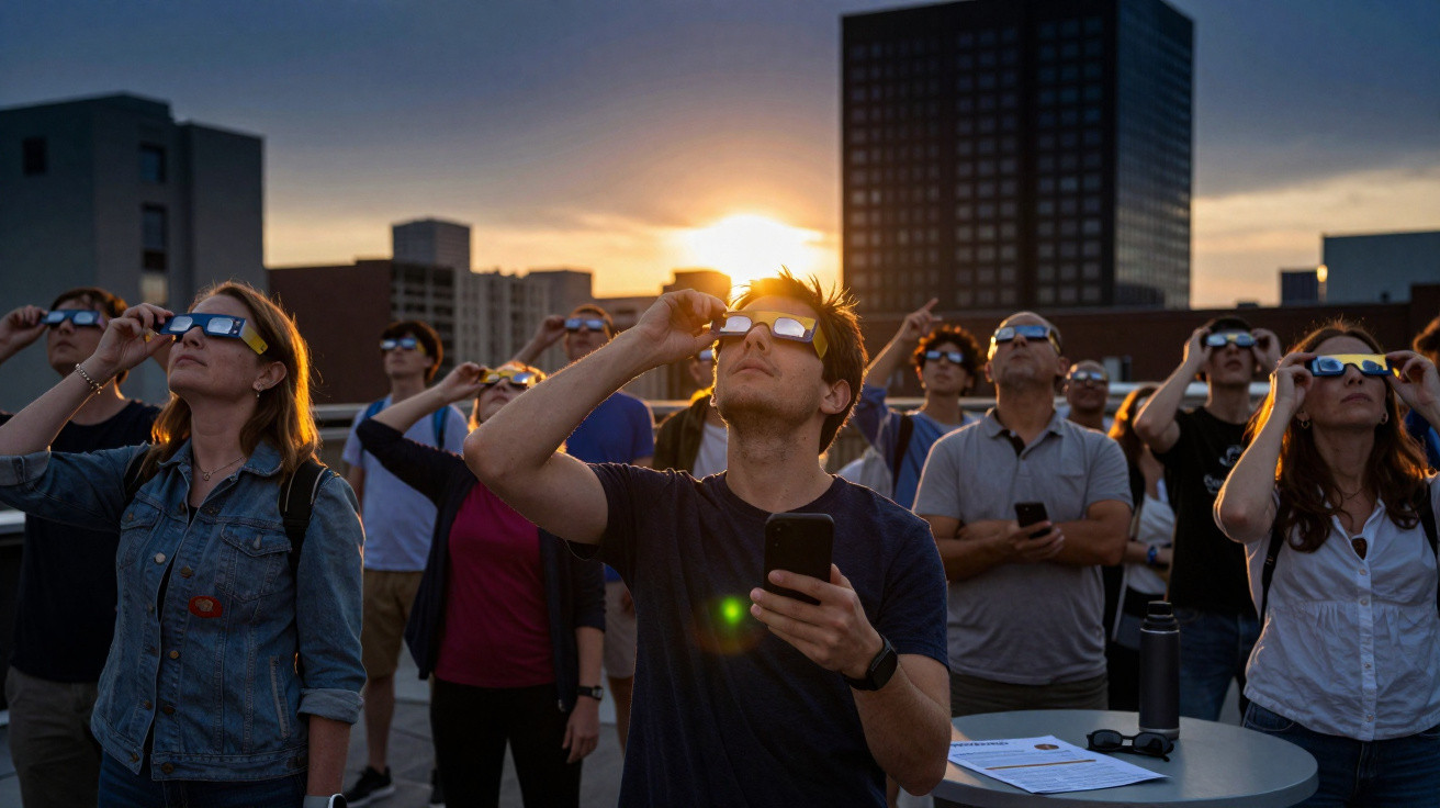 Grupo de pessoas com óculos especiais a observar um eclipse solar ao pôr do sol na cidade.