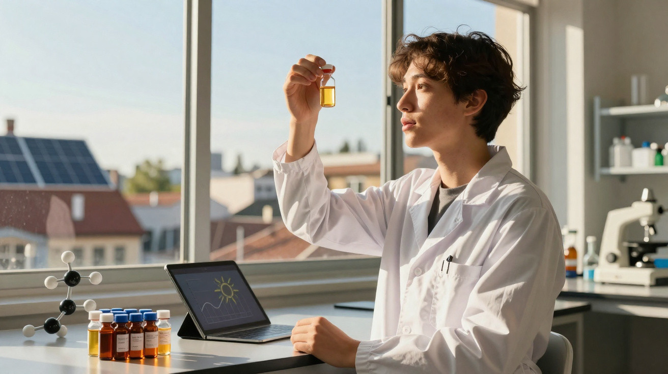 Jovem cientista segura frasco com líquido amarelo em laboratório, com equipamento e laptop na mesa.