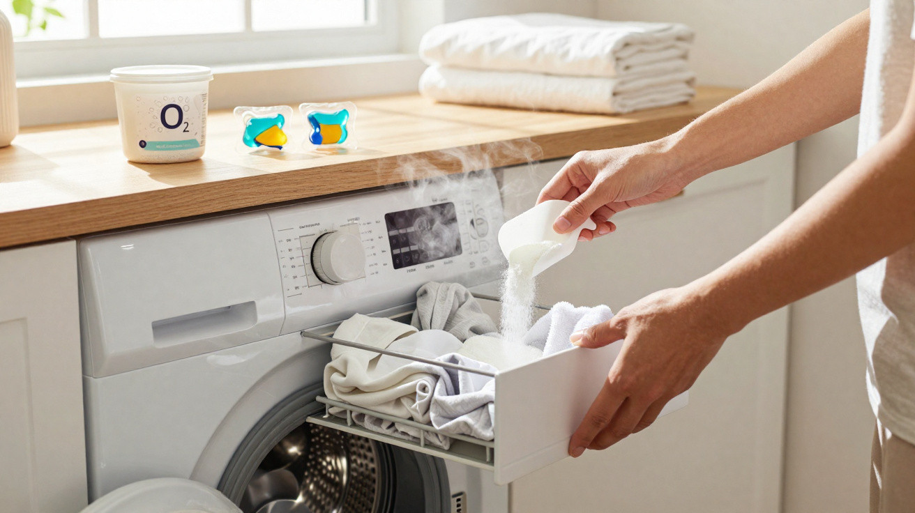 Pessoa a colocar detergente na máquina de lavar roupa com roupa branca e produtos de lavagem na bancada.