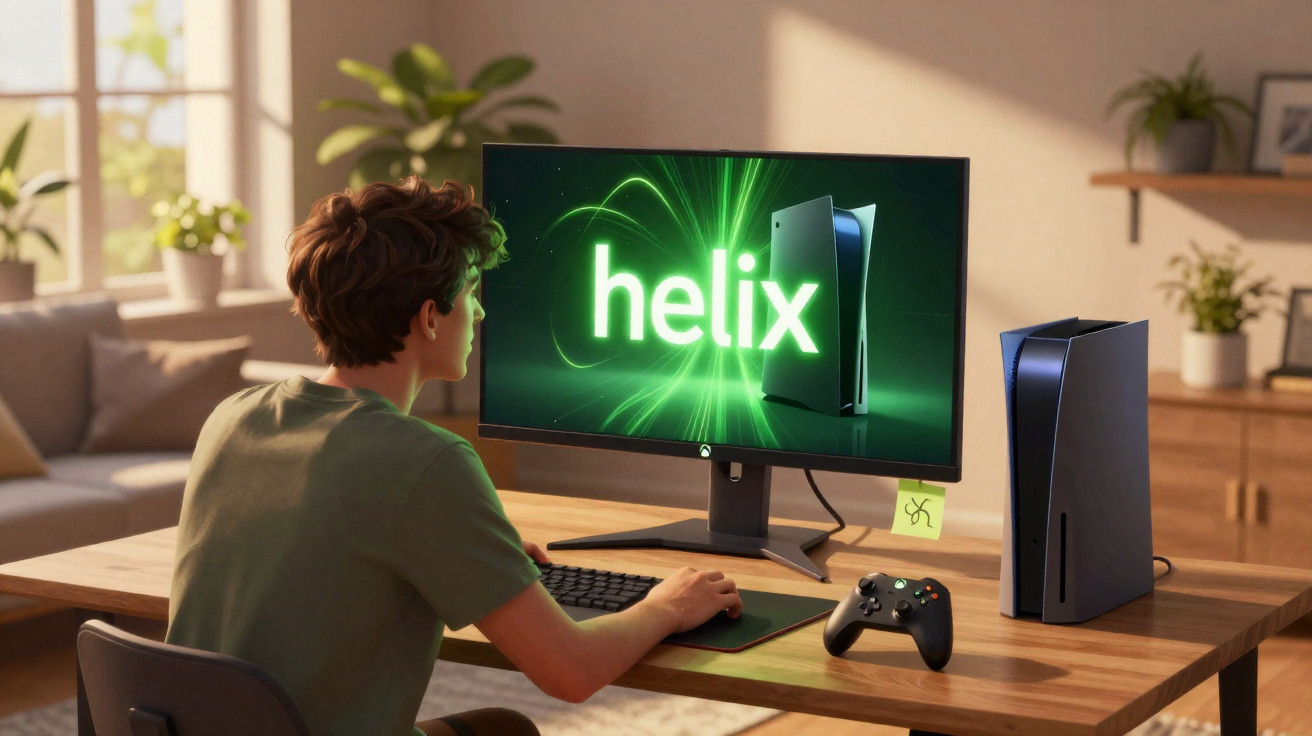 Jovem sentado a jogar num computador com monitor que exibe a palavra "helix" em verde, e consola de videojogos na secretária.
