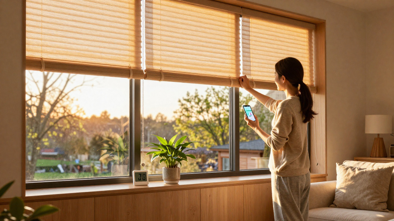 Mulher em casa a ajustar estores com controlo remoto enquanto vê a luz do sol ao entardecer pela janela.