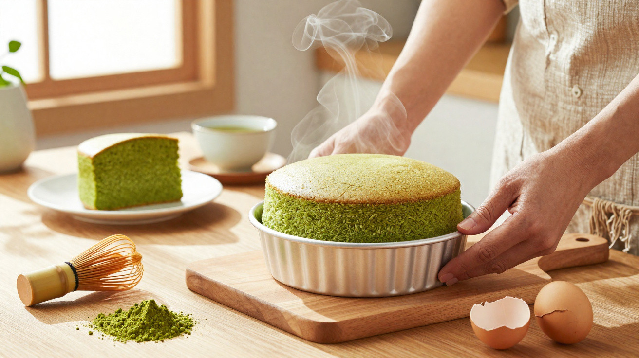 Pão-de-ló verde acabado de sair do forno com vapor, mãos a retirar da forma, ingredientes e utensílios ao lado.