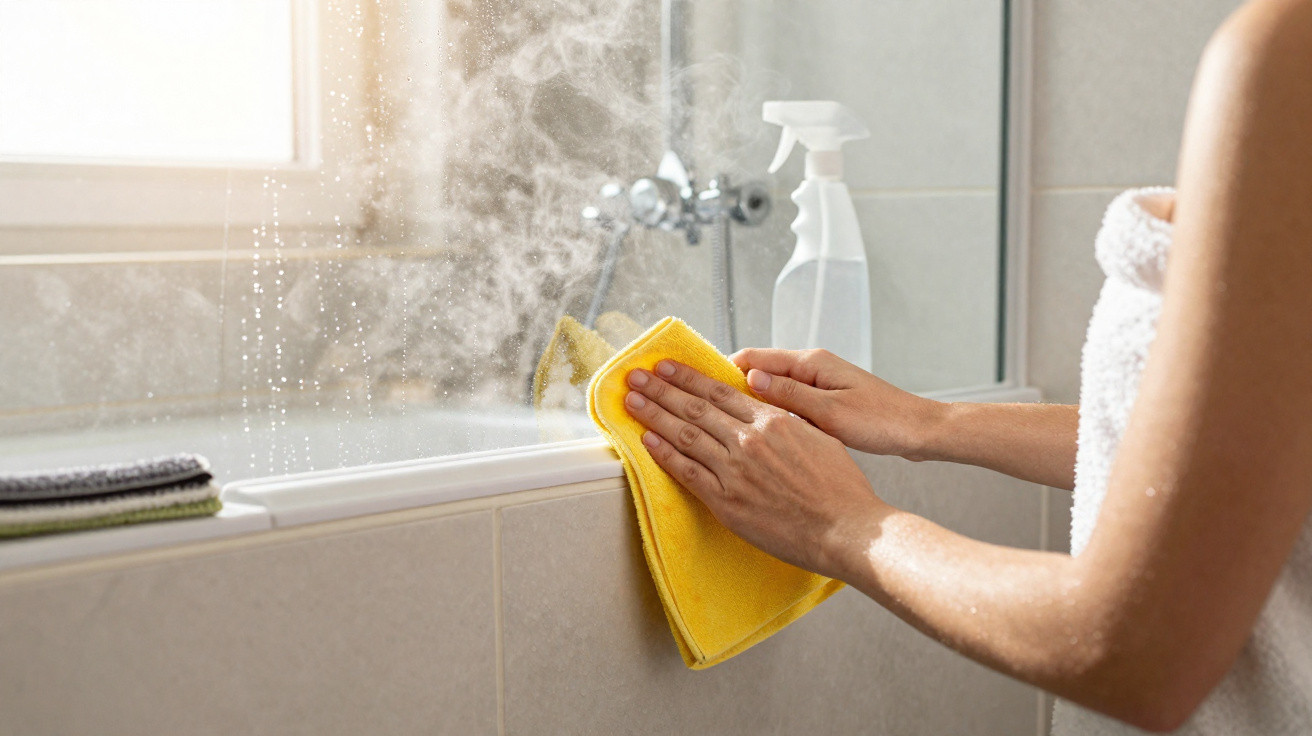 Pessoa a limpar uma superfície de vidro num banheiro com um pano amarelo e spray de limpeza.