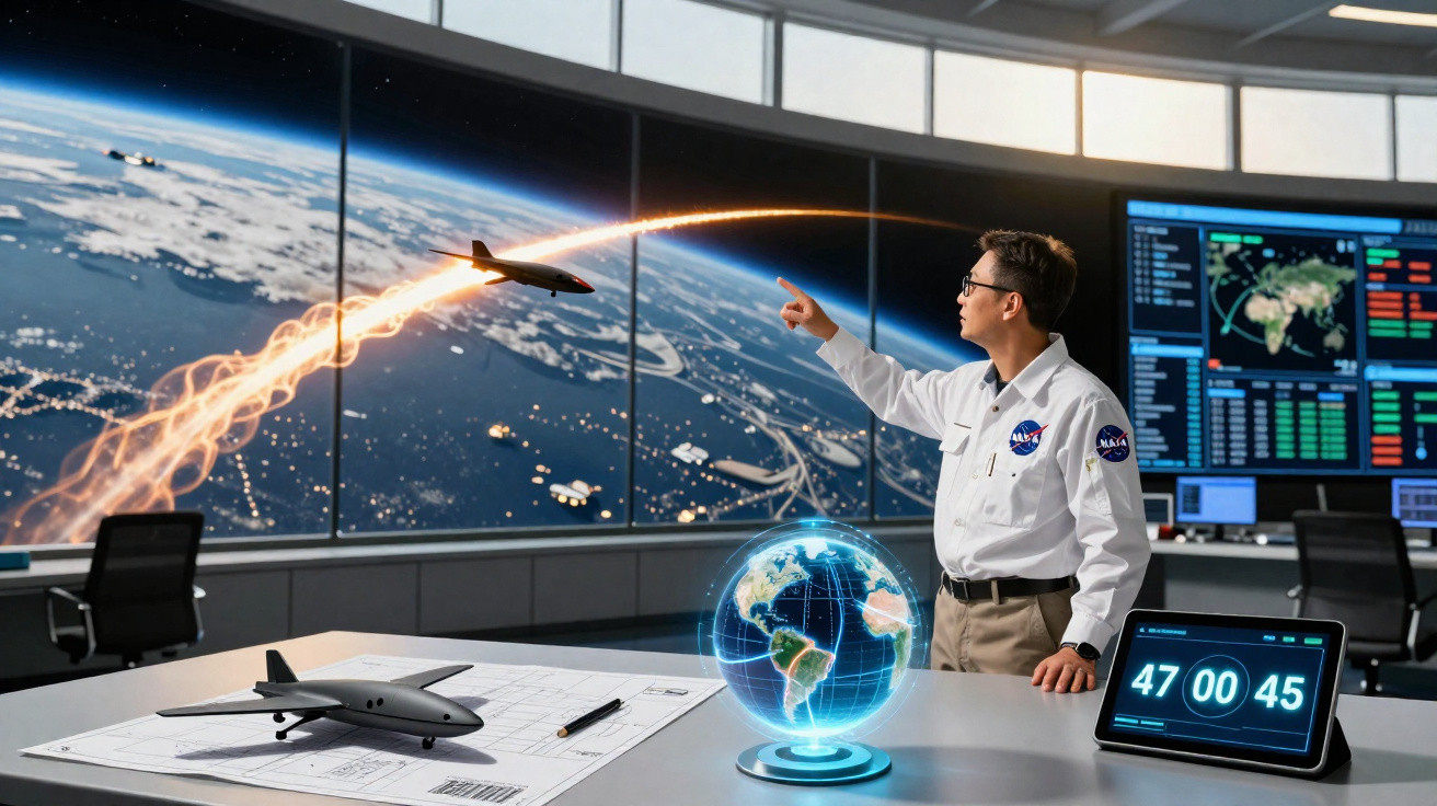 Homem em controlo espacial interage com projetor holográfico e lançamento de avião no espaço à janela.