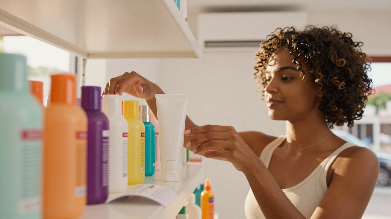 Mulher escolhe um produto de cuidados pessoais numa prateleira com várias embalagens coloridas.