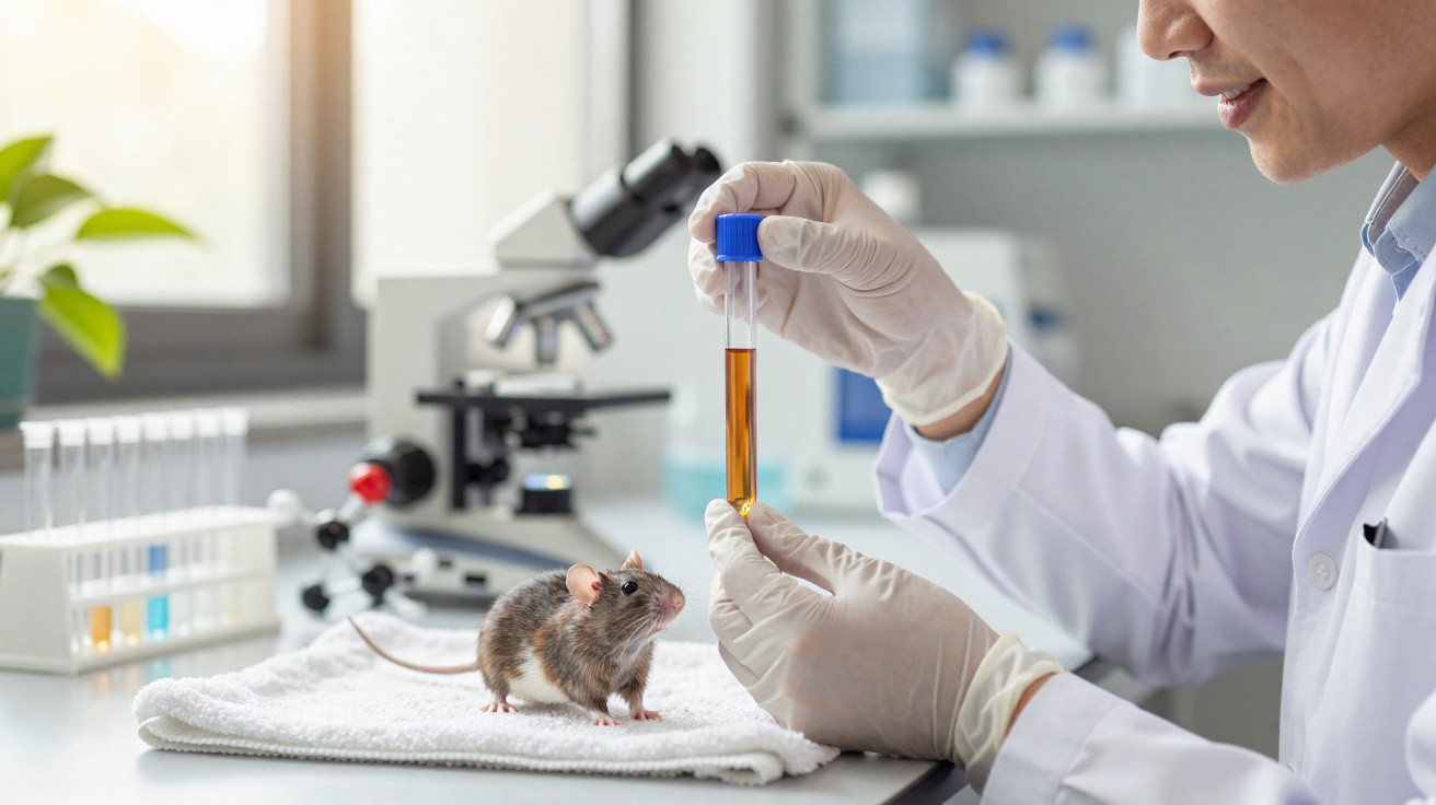 Cientista de luvas segurando tubo de ensaio com líquido laranja perto de rato em bancada de laboratório.