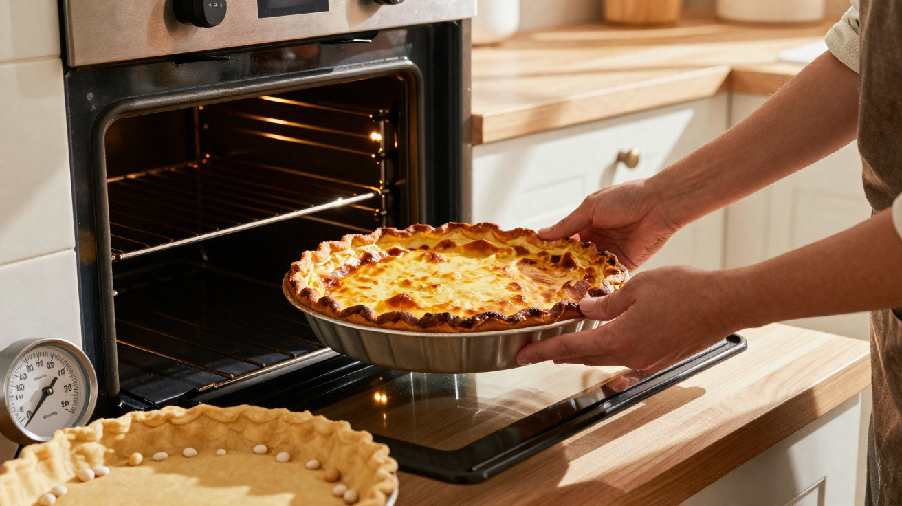 Pessoa a colocar uma tarte dourada no forno numa cozinha acolhedora e iluminada.