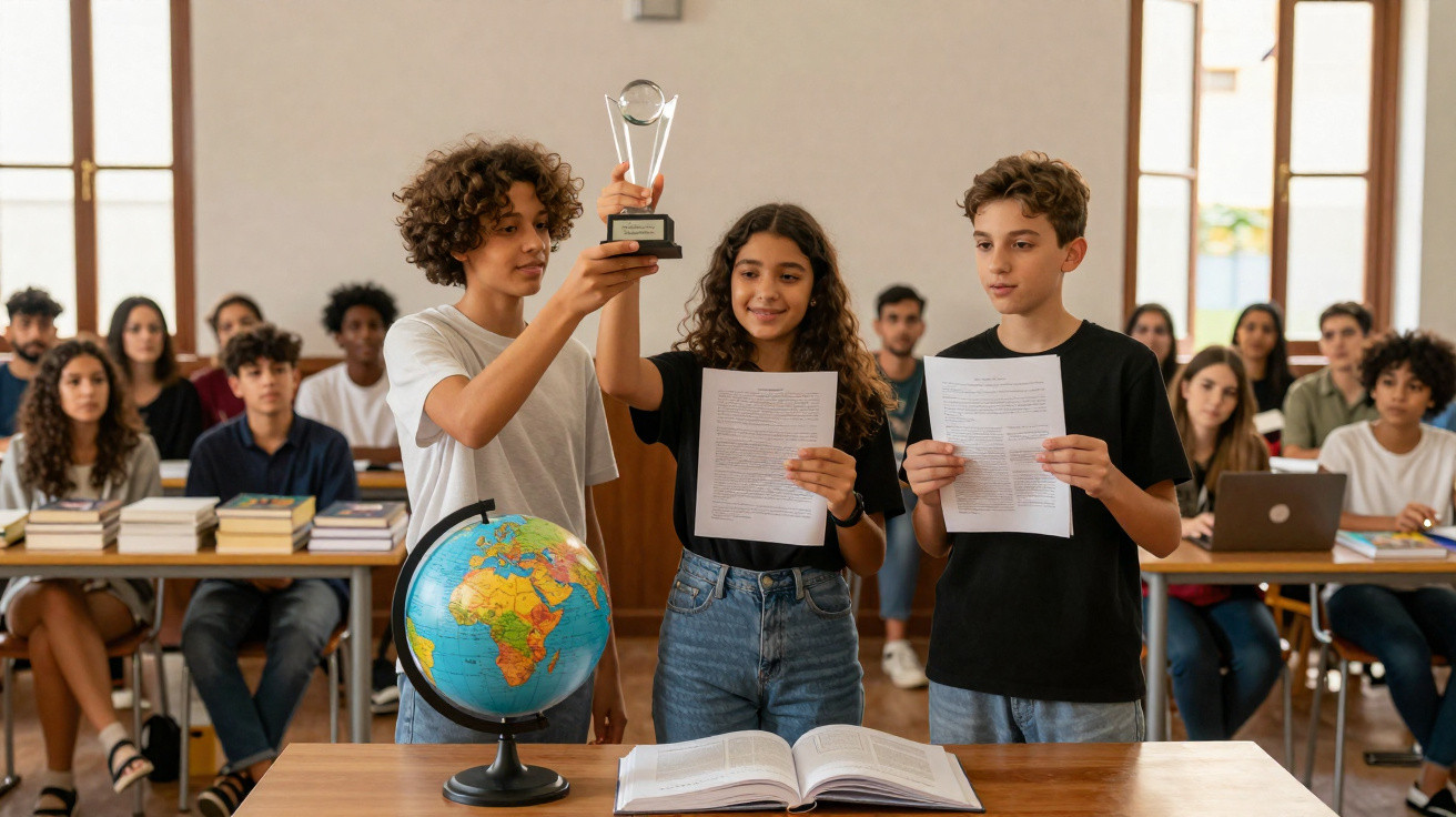 Três alunos apresentam projeto com troféu na sala de aula, colegas observam ao fundo com livros.