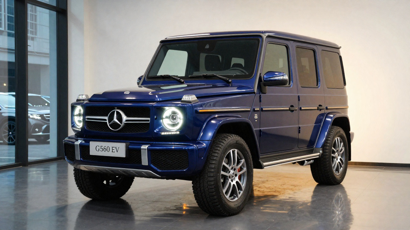 SUV Mercedes-Benz G560 EV azul estacionado em showroom com luzes dianteiras acesas.