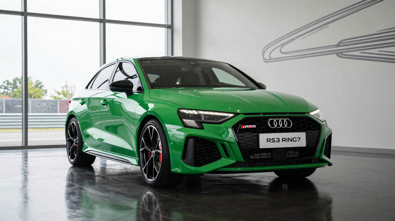 Audi RS3 RS3 RING7 verde em showroom com jantes pretas e detalhes vermelhos, luzes LED ligadas.