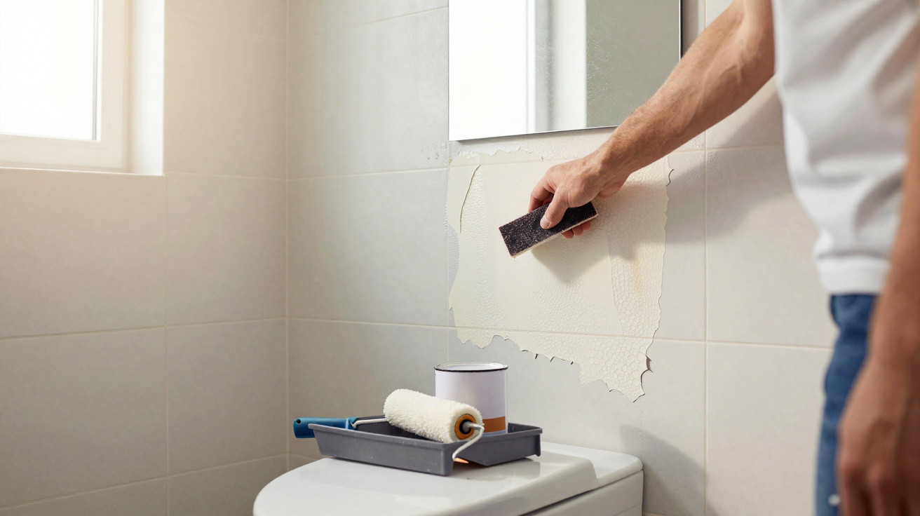 Pessoa a aplicar massa de nivelamento numa parede de azulejos num ambiente de casa de banho com rolo e lata de tinta.