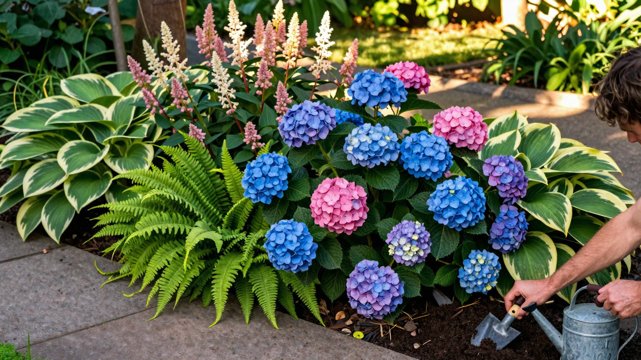 Jardim com hortênsias azuis e rosas, samambaias e folhas verdes, pessoa a cuidar das plantas com regador.