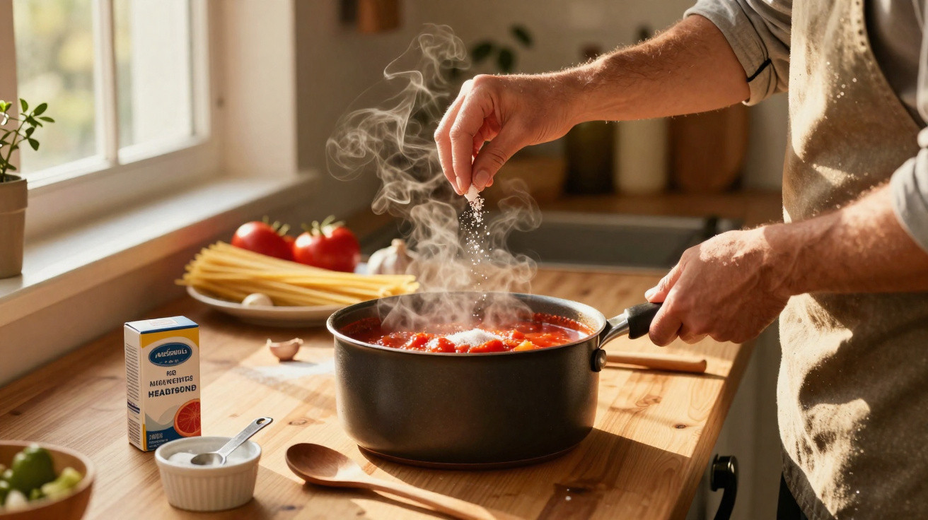 Pessoa a temperar molho de tomate fumegante numa panela numa cozinha iluminada.