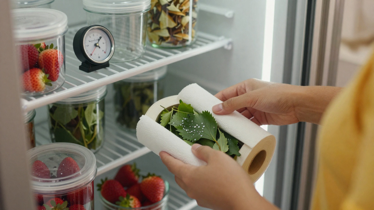 Mãos segurando folhas verdes entre papel absorvente à frente de frigorífico com morangos e frascos transparentes.