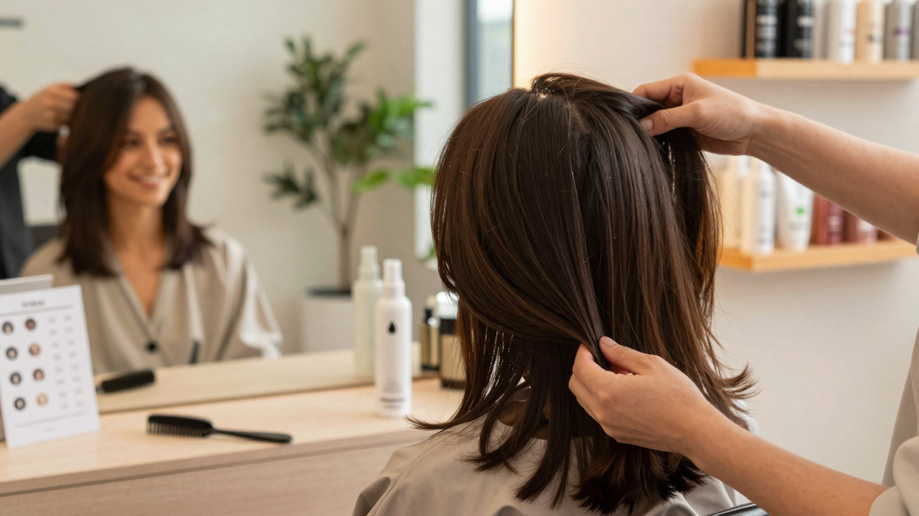 Cliente com cabelo castanho médio a ser analisado por cabeleireiro num salão moderno e luminoso.