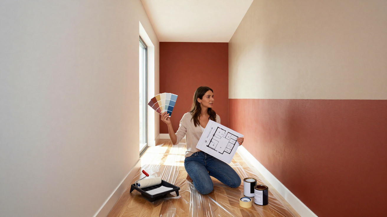Mulher sentada no chão de uma divisão, segurando amostras de cor e planta baixa, com materiais de pintura.