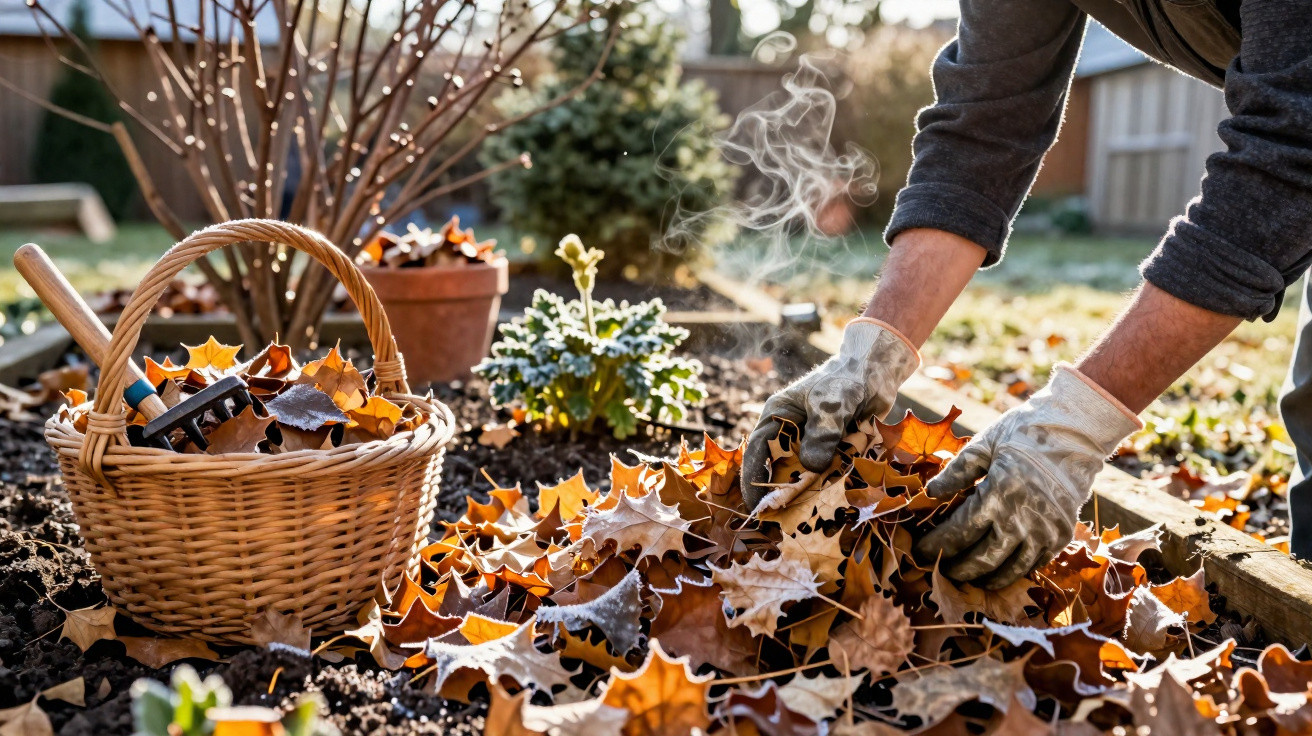 Pessoa a apanhar folhas secas no jardim com luvas, cesto e pequena ferramenta de jardinagem.