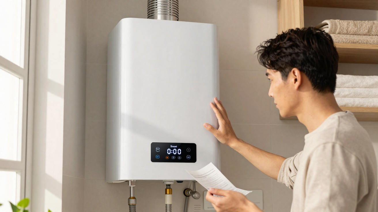 Homem a verificar ecrã de aquecedor de água moderno numa cozinha com prateleira de toalhas atrás.