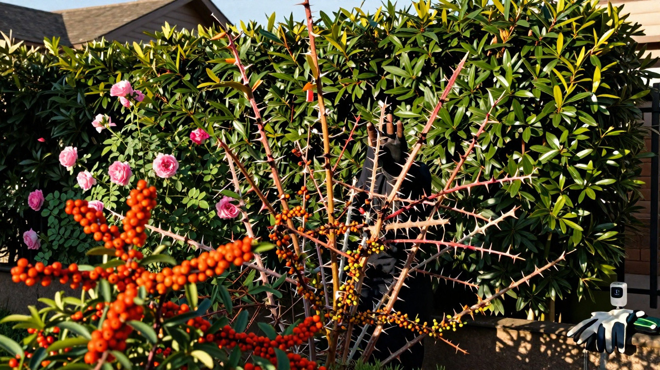 Espinho de arbusto com bagas laranja e rosas cor-de-rosa atrás, num jardim com relva e sol.