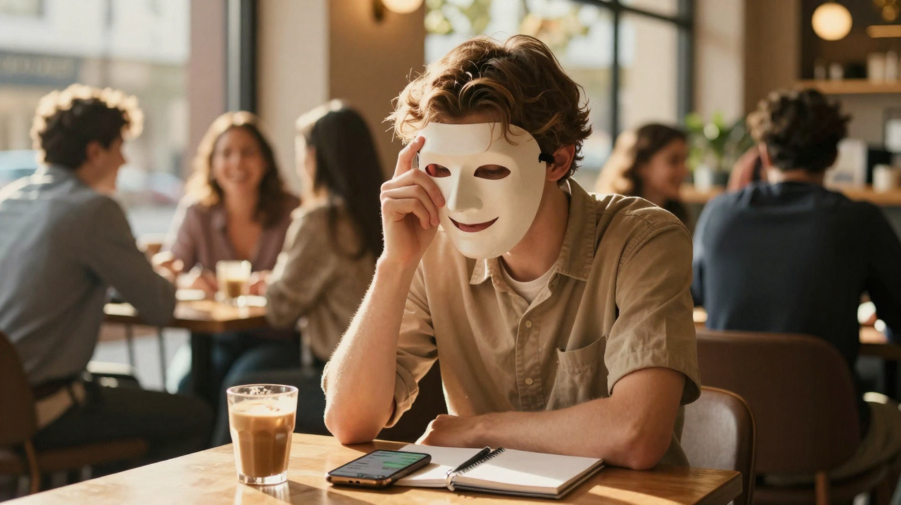 Homem numa cafeteria usando máscara branca, sentado sozinho com telemóvel, caderno e café à frente.