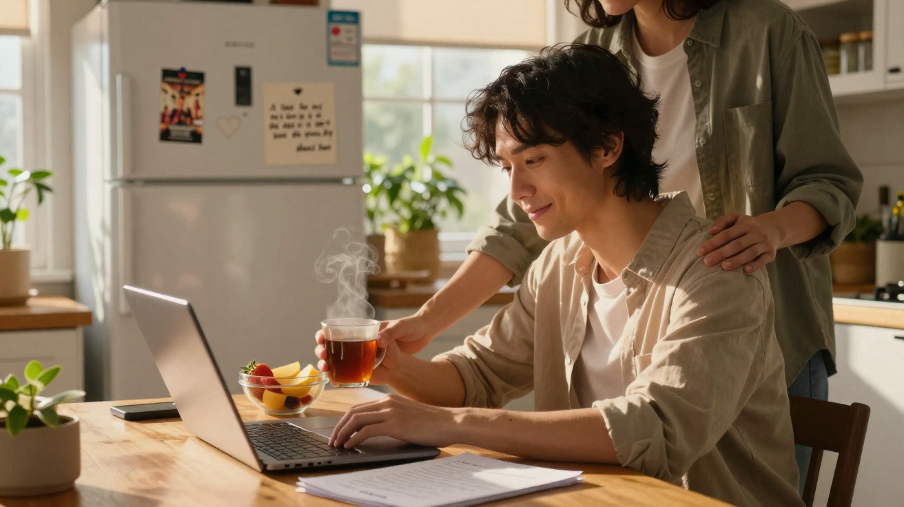 Casal na cozinha com computador portátil, chá quente e fruta, ambiente acolhedor e luz natural.