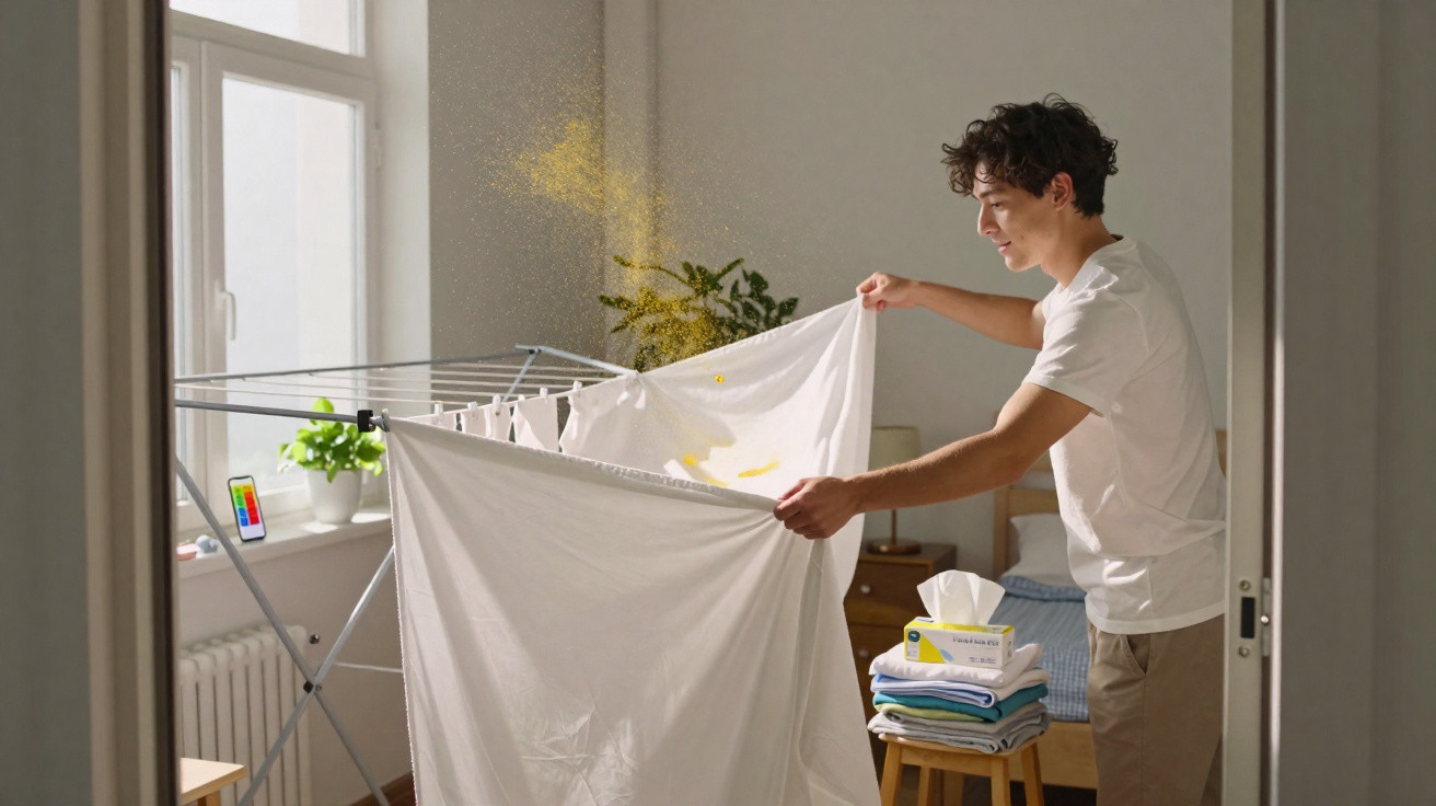 Homem a sacudir um lençol branco dentro de um quarto com secador de roupa e manchas amarelas no lençol.
