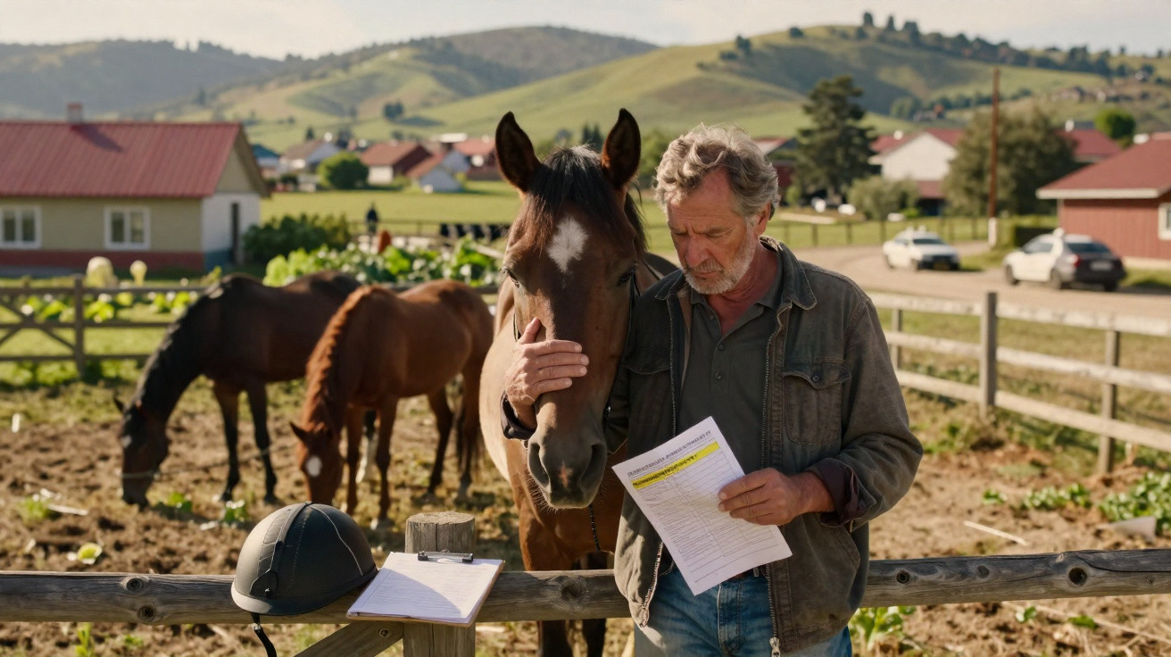 Homem ao ar livre a abraçar um cavalo junto a cerca de madeira com outros cavalos e moradias ao fundo.