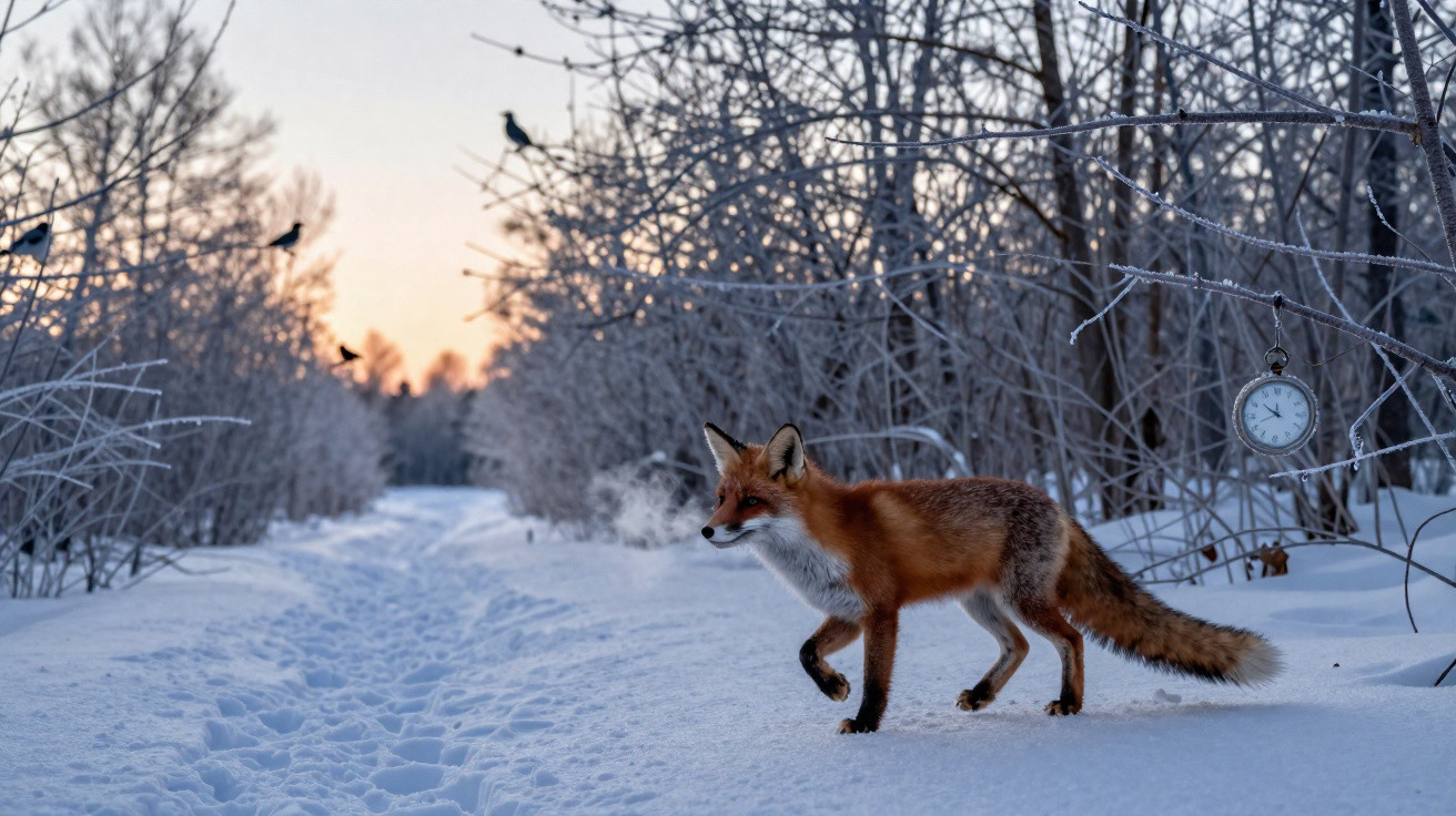 Raposa a caminhar na neve num caminho ladeado por árvores cobertas de geada ao amanhecer.