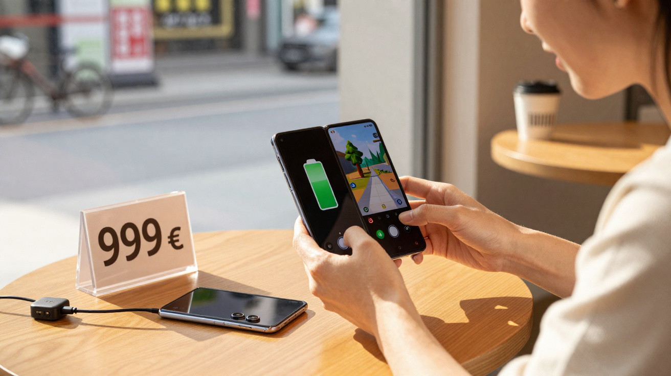 Pessoa a usar smartphone dobrável com ecrã duplo numa mesa com telemóvel e preço de 999 euros.