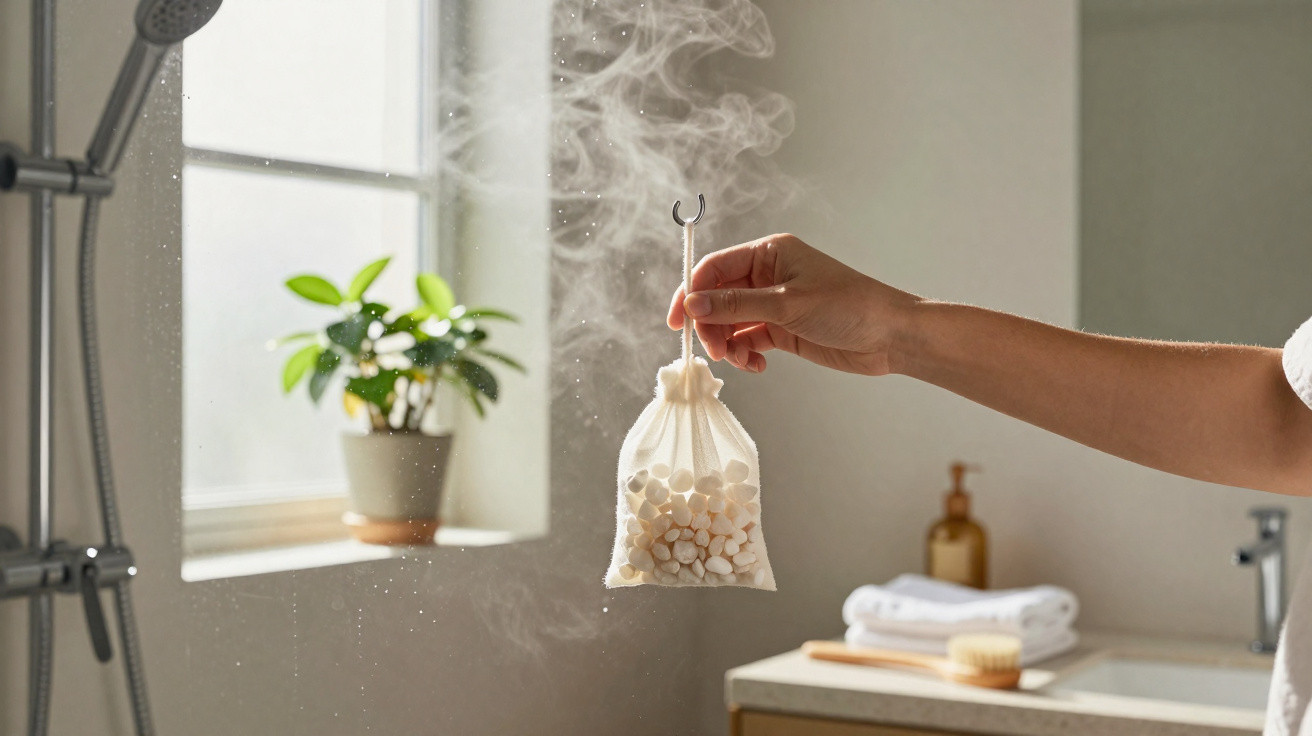 Mão a segurar saco perfumado com bolas brancas a vapor numa casa de banho iluminada por janela.