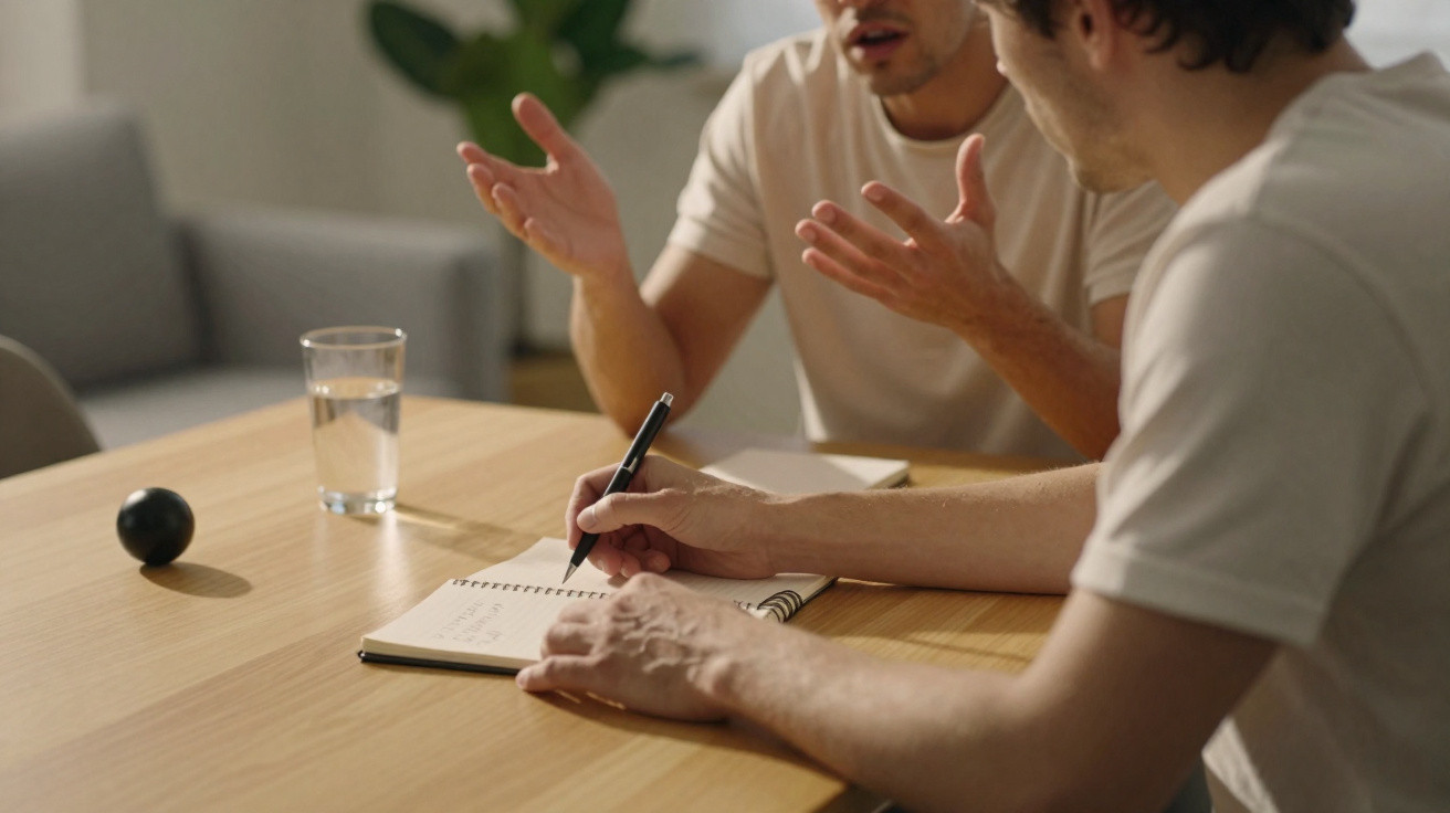 Duas pessoas em discussão colaborativa, uma escreve num caderno, à mesa com um copo de água.