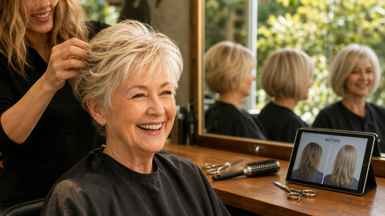 Mulher idosa sorridente a receber penteado numa cabeleireira, com imagem antes e depois no ecrã à frente.
