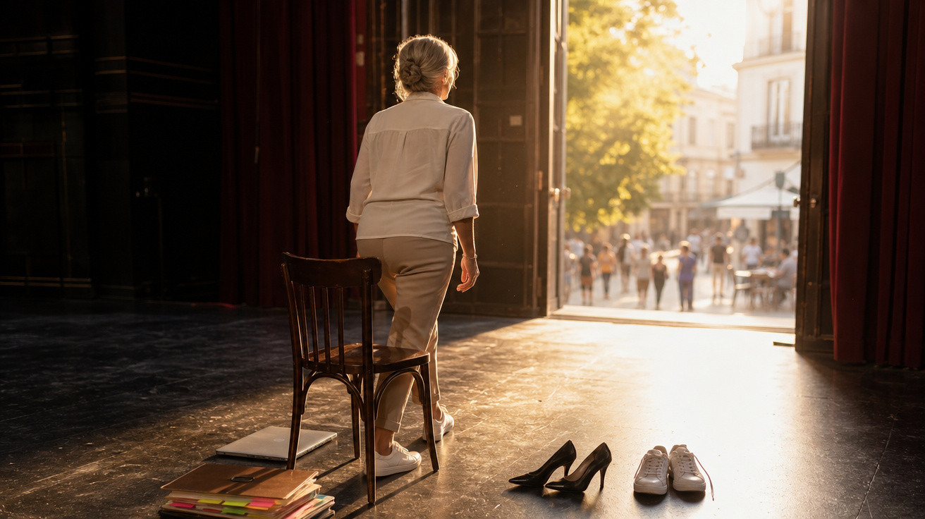 Mulher em palco a caminho da porta aberta para exterior com luz do pôr do sol ao fundo.