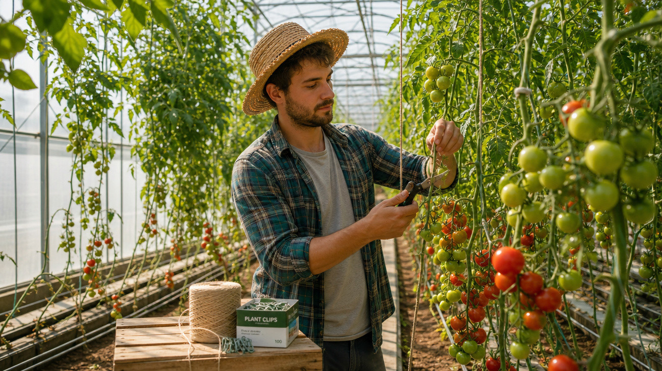 Homem com chapéu de palha a colher tomates numa estufa cheia de plantas maduras.
