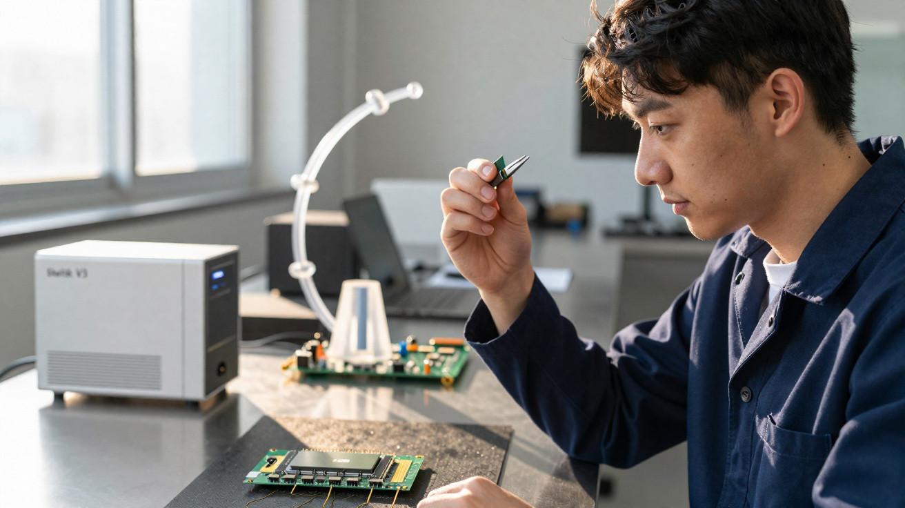 Homem a analisar componente eletrônico em laboratório com equipamento técnico ao fundo.